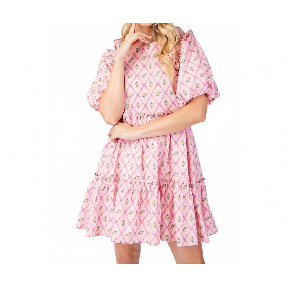 NEW BNS printed puff sleeves mini ruffle dress in pink